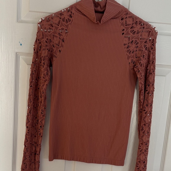 Free People Tops - Free People Ribbed Top with Lace Sleeves in Terra Cotta